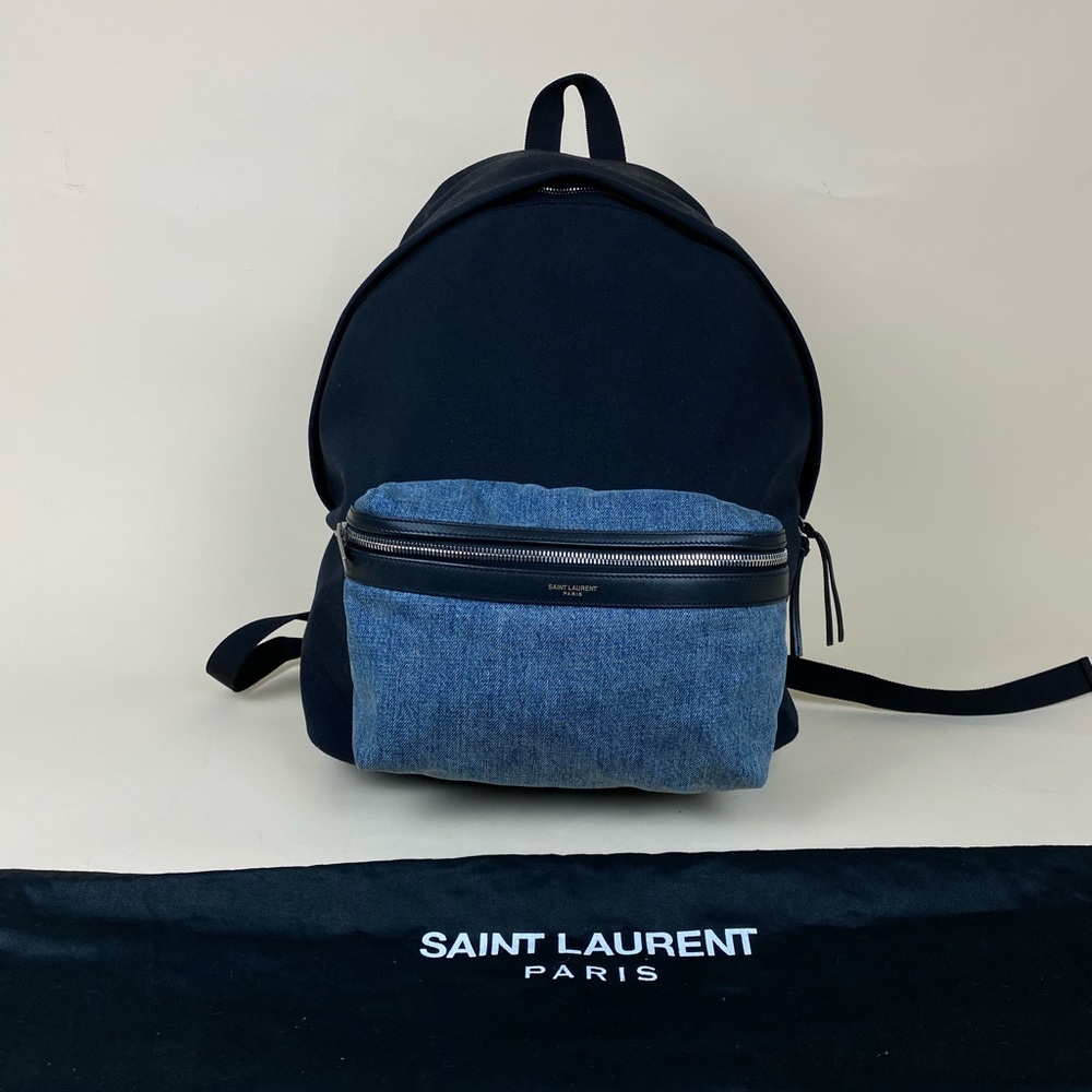 SAINT LAURENT Nylon Denim Classic Hunting Backpack Black Light Blue.